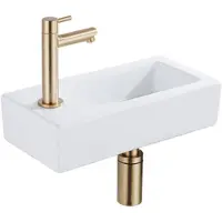 Qeramiq Fuente fonteinset – 37.5x18.5x9 cm – keramiek wit glans – kraangat links – geborsteld gouden kraan SW1122449/SW696208/SW696218/SW696238