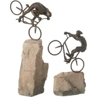 J-Line decoratieve fietser figurine set van 2 - beige/zwart - 25 x 15 x 46 cm