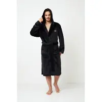 Aruelle Luxe badjas heren – zwarte badjas met capuchon – borst borduring van kroon - herenbadjas zacht – luxury bathrobe – 100% fleece – maat XL