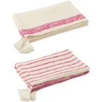 J-Line Plaid strepen+kwasten katoen wit/roze assortiment van 2