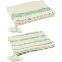 J-Line Plaid stripes+tassels cotton white/green assortment of 2