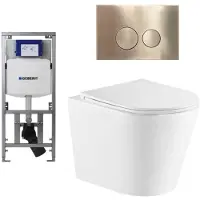Geberit QeramiQ Dely Toiletset - 36.3x51.7cm - diepspoel - rimless - UP320 inbouwreservoir - met Burda frame - softclose toiletzitting - geborsteld messing bedieningsplaat - ronde knoppen - glans wit