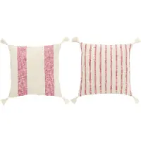 J-Line Kussen vierkant strepen+kwasten katoen wit/roze assortiment van 2