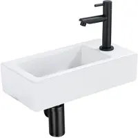 Qeramiq Fuente Fonteinset - 37.5x18.5x9cm - keramiek - kraangat rechts - fonteinkraan zwart mat - afvoerplug - verlaagd sifon - Mat wit SW1122446/SW696205/SW696215/SW696235