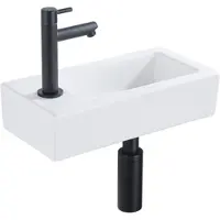 Qeramiq Fuente fonteinset – 37.5x18.5x9 cm – keramiek wit mat – kraangat links – mat zwarte kraan SW1122450/SW696205/SW696215/SW696235