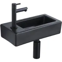 Qeramiq Fuente Fonteinset - 37.5x18.5x9cm - keramiek - kraangat links - fonteinkraan zwart mat - afvoerplug - verlaagd sifon - Mat Zwart SW1122451/SW696205/SW696215/SW696235