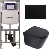 Geberit QeramiQ Dely Toiletset - 36.3x51.7cm - diepspoel - rimless - UP320 inbouwreservoir - softclose toilet zitting 35 mm - kunststof mat zwarte bedieningsplaat - ronde knoppen - mat zwart