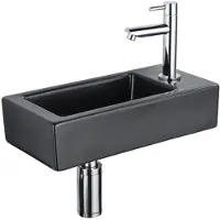 Qeramiq Fuente Fonteinset - 37.5x18.5x9cm - keramiek - kraangat rechts - fonteinkraan chroom - afvoerplug - verlaagd sifon - Mat Zwart SW1122447/SW696209/SW696219/SW696234