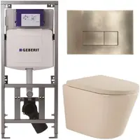 Geberit QeramiQ Dely Toiletset - 36.3x51.7cm - diepspoel - rimless - UP320 inbouwreservoir - softclose toilet zitting 35 mm - geborsteld messing bedieningsplaat - rechthoekige knoppen - mat beige