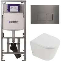 Geberit QeramiQ Dely Toiletset - 36.3x51.7cm - diepspoel - rimless - UP320 inbouwreservoir - softclose toilet zitting - 35mm - gunmetal bedieningsplaat - rechthoekige knoppen - mat wit