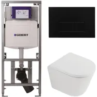 Geberit QeramiQ Dely Toiletset - 36.3x51.7cm - diepspoel - rimless - UP320 inbouwreservoir - softclose toilet zitting - 35mm - kunstof mat zwarte bedieningsplaat - rechthoekige knoppen - mat wit