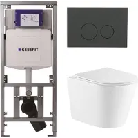 Geberit QeramiQ Dely Toiletset - 36.3x51.7cm - diepspoel - rimless - UP320 inbouwreservoir - met Burda frame - softclose toiletzitting - bedieningsplaat mat antraciet - ronde knoppen - wit mat