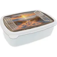 MuchoWow Broodtrommel Wit - Lunchbox Doorkijk - Strand - Duinen - Zonsondergang - Brooddoos 18x12x6 cm - Brood lunch box - Broodtrommels voor kinderen en volwassenen