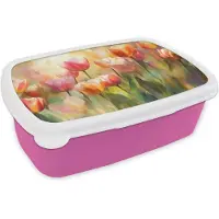 MuchoWow Broodtrommel Roze - Lunchbox Tulpen - Sprookjesachtig - Kleurrijk - Brooddoos 18x12x6 cm - Brood lunch box - Broodtrommels voor kinderen en volwassenen