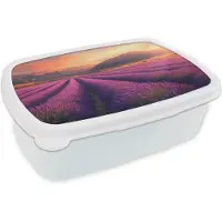 MuchoWow Broodtrommel Wit - Lunchbox Lavendelveld - Zonsondergang - Paars - Brooddoos 18x12x6 cm - Brood lunch box - Broodtrommels voor kinderen en volwassenen