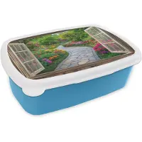 MuchoWow Broodtrommel Blauw - Lunchbox Doorkijk - Bloemen - Tuinpad - Natuur - Raam - Brooddoos 18x12x6 cm - Brood lunch box - Broodtrommels voor kinderen en volwassenen