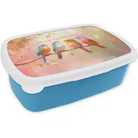 MuchoWow Broodtrommel Blauw - Lunchbox Vogels - Tak - Quote - Roze - Brooddoos 18x12x6 cm - Brood lunch box - Broodtrommels voor kinderen en volwassenen