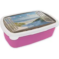 MuchoWow Broodtrommel Roze - Lunchbox Doorkijk - Strand - Raam - Duinen - Zee - Brooddoos 18x12x6 cm - Brood lunch box - Broodtrommels voor kinderen en volwassenen