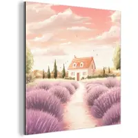 MuchoWow Aluminium schilderij 20x20 cm - Wanddecoratie metaal - Lavendelveld - Huis - Paars - Metalen muurdecoratie woonkamer - Decoratie industrieel - Foto op dibond - Industriële accessoires slaapkamer