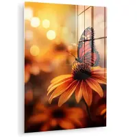 MuchoWow Glasschilderij 90x120 cm - Schilderij acrylglas - Vlinder - Bloemen - Oranje - Foto op glas - Muurdecoratie woonkamer - Wanddecoratie slaapkamer - Schilderijen