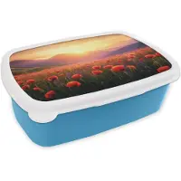 MuchoWow Broodtrommel Blauw - Lunchbox Landschap - Zonsondergang - Bloemenveld - Brooddoos 18x12x6 cm - Brood lunch box - Broodtrommels voor kinderen en volwassenen