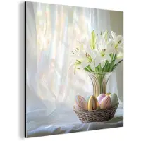 MuchoWow Aluminium schilderij 20x20 cm - Wanddecoratie metaal - Vaas - Eieren - Bloemen - Metalen muurdecoratie woonkamer - Decoratie industrieel - Foto op dibond - Industriële accessoires slaapkamer