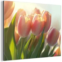 MuchoWow Aluminium schilderij 40x30 cm - Wanddecoratie metaal - Tulpen - Roze - Zonnestralen - Metalen muurdecoratie woonkamer - Decoratie industrieel - Foto op dibond - Industriële accessoires slaapkamer