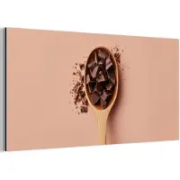 MuchoWow Aluminium schilderij 160x80 cm - Wanddecoratie metaal - Chocola - Hout - Lepel - Metalen muurdecoratie woonkamer - Decoratie industrieel - Foto op dibond - Industriële accessoires slaapkamer