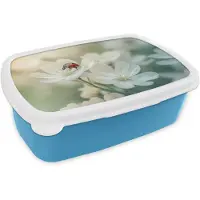 MuchoWow Broodtrommel Blauw - Lunchbox Lieveheersbeestje - Bloemen - Wit - Brooddoos 18x12x6 cm - Brood lunch box - Broodtrommels voor kinderen en volwassenen