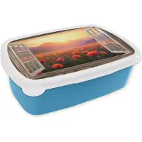 MuchoWow Broodtrommel Blauw - Lunchbox Doorkijk - Klaprozen - Bloemen - Rood - Open raam - Brooddoos 18x12x6 cm - Brood lunch box - Broodtrommels voor kinderen en volwassenen