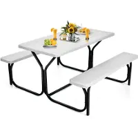 Costway Biertentgarnituur, picknicktafel en 2 zitbanken met metalen frame, campingtafelset feesttentgarnituur voor terras, tuin, zwembad, 137 x 150 x 72 cm (wit)