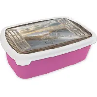 MuchoWow Broodtrommel Roze - Lunchbox Doorkijk - Strand - Duinen - Zee - Natuur - Brooddoos 18x12x6 cm - Brood lunch box - Broodtrommels voor kinderen en volwassenen