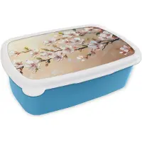 MuchoWow Broodtrommel Blauw - Lunchbox Bloesemtakken - Schilderachtig - Roze - Brooddoos 18x12x6 cm - Brood lunch box - Broodtrommels voor kinderen en volwassenen
