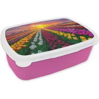 MuchoWow Broodtrommel Roze - Lunchbox Tulpenveld - Zonsondergang - Kleurrijk - Brooddoos 18x12x6 cm - Brood lunch box - Broodtrommels voor kinderen en volwassenen