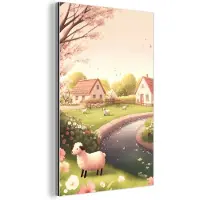 MuchoWow Aluminium schilderij 20x30 cm - Wanddecoratie metaal - Schapen - Huisje - Platteland - Metalen muurdecoratie woonkamer - Decoratie industrieel - Foto op dibond - Industriële accessoires slaapkamer