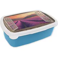 MuchoWow Broodtrommel Blauw - Lunchbox Doorkijk - Lavendel - Landschap - Bloemen - Paars - Brooddoos 18x12x6 cm - Brood lunch box - Broodtrommels voor kinderen en volwassenen