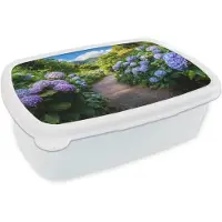 MuchoWow Broodtrommel Wit - Lunchbox Hortsensia - Pad - Bloemen - Brooddoos 18x12x6 cm - Brood lunch box - Broodtrommels voor kinderen en volwassenen
