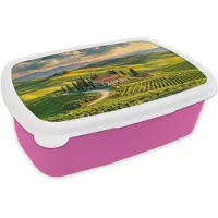 MuchoWow Broodtrommel Roze - Lunchbox Toscane - Landschap - Wijngaarden - Brooddoos 18x12x6 cm - Brood lunch box - Broodtrommels voor kinderen en volwassenen
