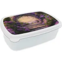 MuchoWow Broodtrommel Wit - Lunchbox Poort - Paars - Bloemen - Brooddoos 18x12x6 cm - Brood lunch box - Broodtrommels voor kinderen en volwassenen