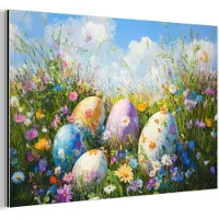 MuchoWow Aluminium schilderij 30x20 cm - Wanddecoratie metaal - Grasveld - Eieren - Bloemen - Metalen muurdecoratie woonkamer - Decoratie industrieel - Foto op dibond - Industriële accessoires slaapkamer