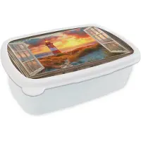 MuchoWow Broodtrommel Wit - Lunchbox Doorkijk - Raam - Vuurtoren - Zonsondergang - Strand - Brooddoos 18x12x6 cm - Brood lunch box - Broodtrommels voor kinderen en volwassenen