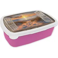 MuchoWow Broodtrommel Roze - Lunchbox Doorkijk - Strand - Duinen - Zonsondergang - Brooddoos 18x12x6 cm - Brood lunch box - Broodtrommels voor kinderen en volwassenen