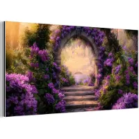 MuchoWow Aluminium schilderij 40x20 cm - Wanddecoratie metaal - Poort - Paars - Bloemen - Metalen muurdecoratie woonkamer - Decoratie industrieel - Foto op dibond - Industriële accessoires slaapkamer