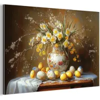 MuchoWow Aluminium schilderij 180x120 cm - Wanddecoratie metaal - Paaseieren - Stilleven - Vaas - Metalen muurdecoratie woonkamer - Decoratie industrieel - Foto op dibond - Industriële accessoires slaapkamer