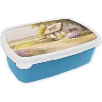 MuchoWow Broodtrommel Blauw - Lunchbox Huisje - Hout - Bloemen - Brooddoos 18x12x6 cm - Brood lunch box - Broodtrommels voor kinderen en volwassenen