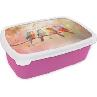 MuchoWow Broodtrommel Roze - Lunchbox Vogels - Tak - Quote - Roze - Brooddoos 18x12x6 cm - Brood lunch box - Broodtrommels voor kinderen en volwassenen