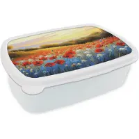 MuchoWow Broodtrommel Wit - Lunchbox Klaproos - Bloemenveld - Kleurrijk - Brooddoos 18x12x6 cm - Brood lunch box - Broodtrommels voor kinderen en volwassenen