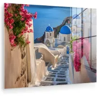 MuchoWow Glasschilderij 160x120 cm - Schilderij acrylglas - Santorini - Bloemen - Griekenland - Foto op glas - Muurdecoratie woonkamer - Wanddecoratie slaapkamer - Schilderijen