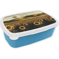 MuchoWow Broodtrommel Blauw - Lunchbox Zonnebloem - Veld - Windmolen - Brooddoos 18x12x6 cm - Brood lunch box - Broodtrommels voor kinderen en volwassenen