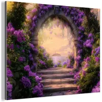 MuchoWow Aluminium schilderij 40x30 cm - Wanddecoratie metaal - Poort - Paars - Bloemen - Metalen muurdecoratie woonkamer - Decoratie industrieel - Foto op dibond - Industriële accessoires slaapkamer